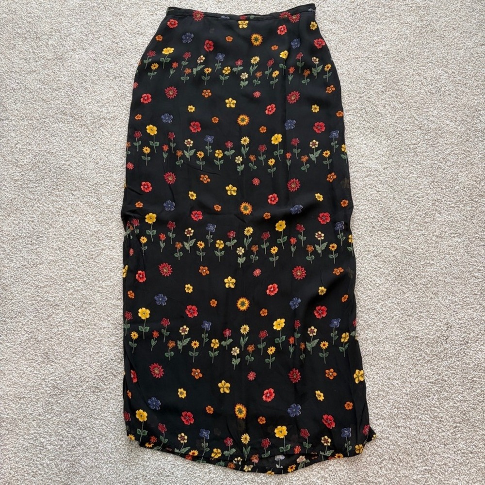 Vintage Harolds Wildflower Floral Midi Skirt Womens 6 Black 90s Cottage Festival